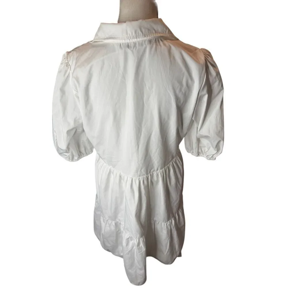 Amanda Uprichard Pierre White Dress Size Med Tiered Puff Sleeve Button Front